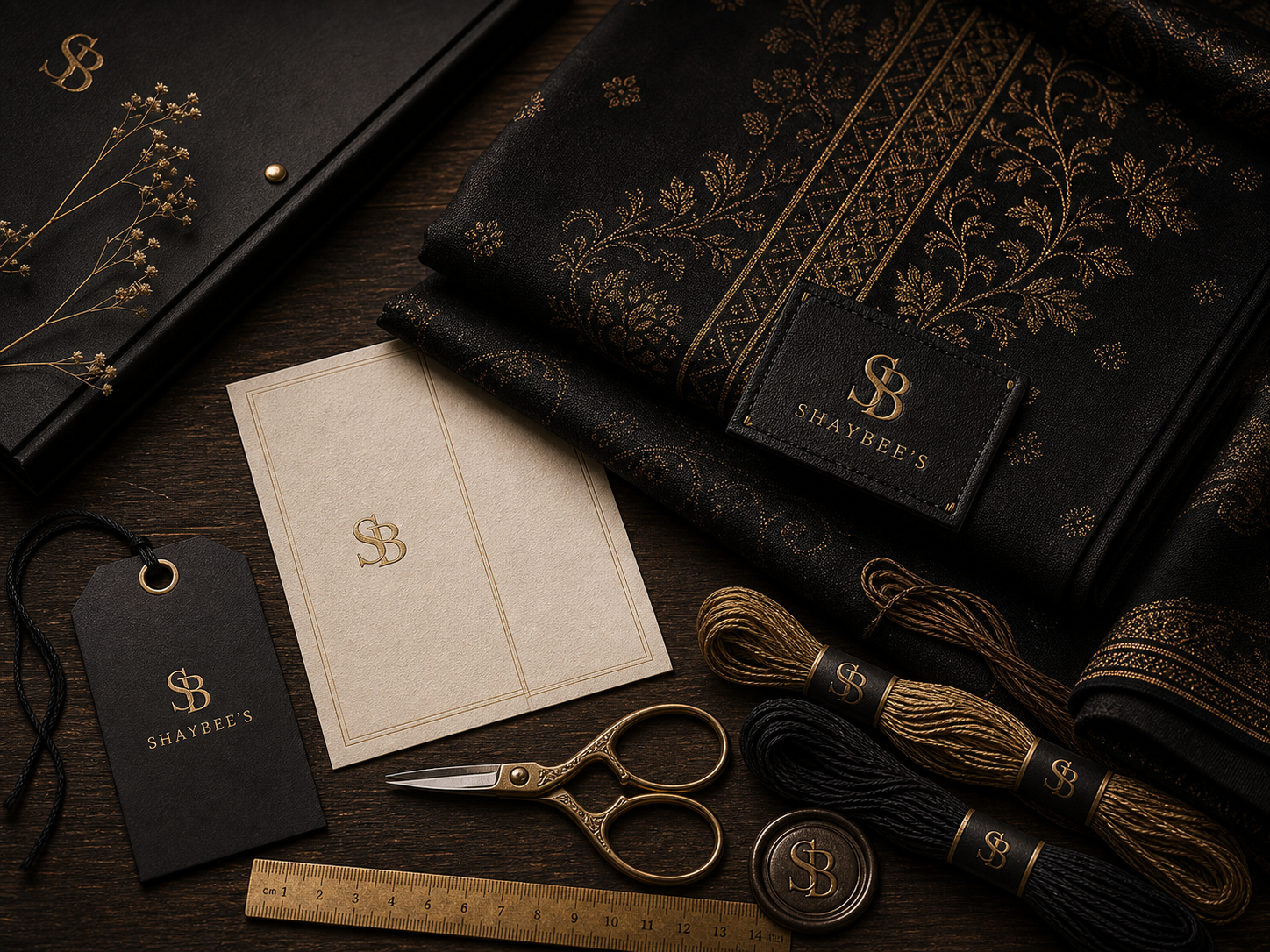 SHAYBEE'S atelier table with embroidered fabric, brass tailoring tools, thread, and brand labels