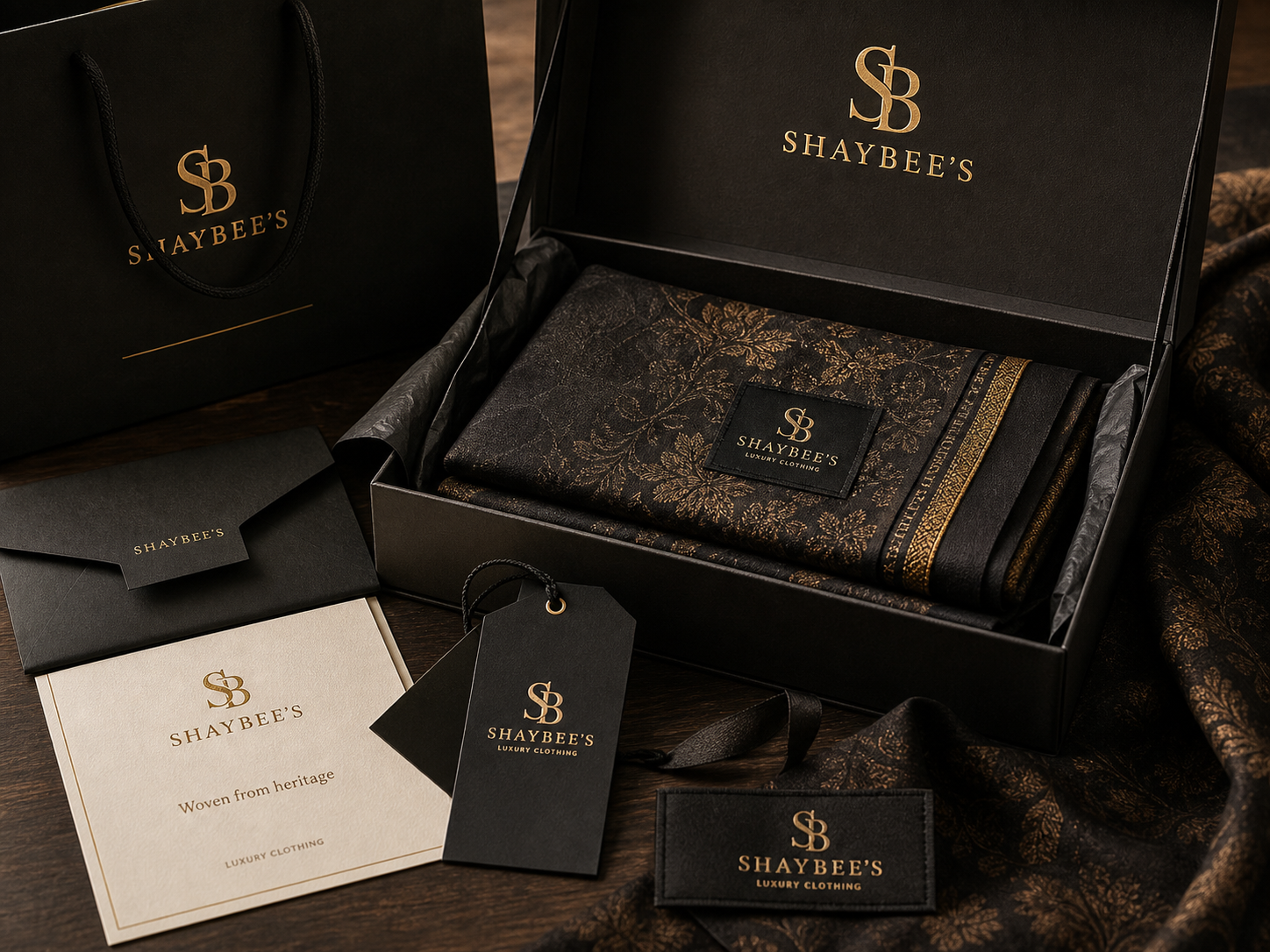 SHAYBEE'S luxury clothing packaging with folded black and gold fabric, stitched labels, hang tags, and story card